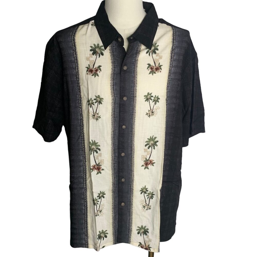 Batik Bay Button Up Hawaiian Camp Shirt XXL Black Palm Trees Rockabilly Rayon